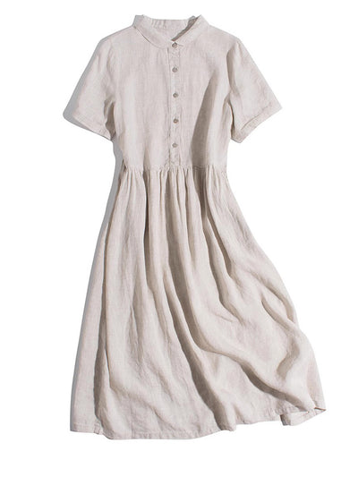 Lapels Cotton and Linen Midi Dress