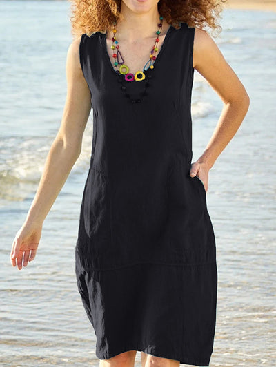 Robe sans manches en coton et lin à col en U avec poches