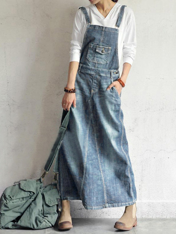 Casual Vintage-Inspired Back Slit Denim Overall Dress – Madepants