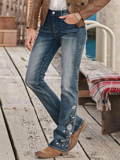 Floral Hand Embroidery Mid Waist Bootcut Jeans