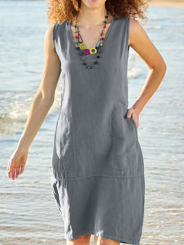 Robe sans manches en coton et lin à col en U avec poches