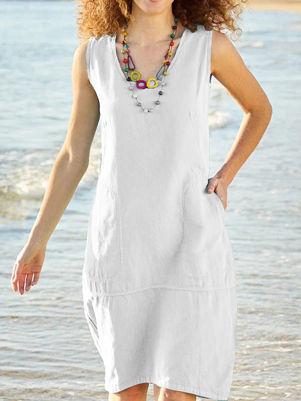 Robe sans manches en coton et lin à col en U avec poches