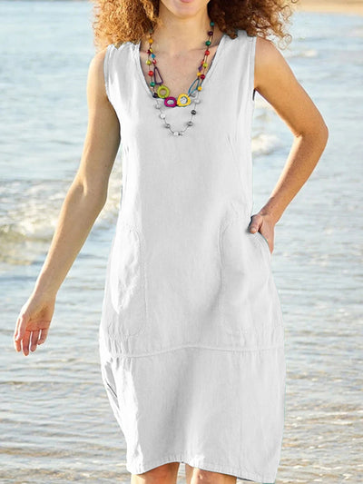 Robe sans manches en coton et lin à col en U avec poches