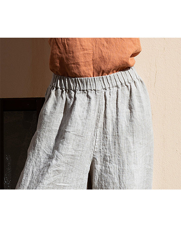 Pantalones casuales de lino de pierna ancha con cintura elástica