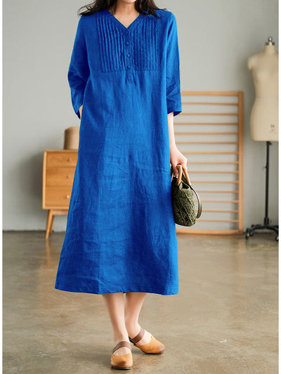 V Neck 1/2 Sleeve Gathered Loose Cotton Dress