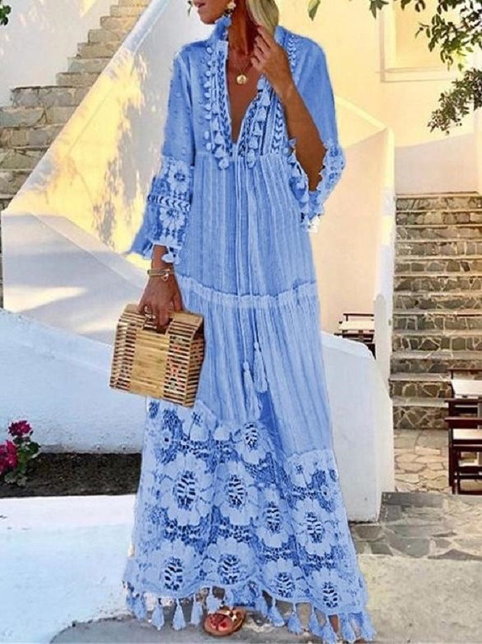 Robe longue en dentelle à franges