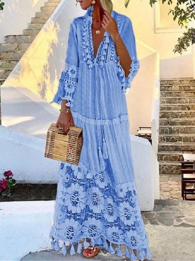 Robe longue en dentelle à franges