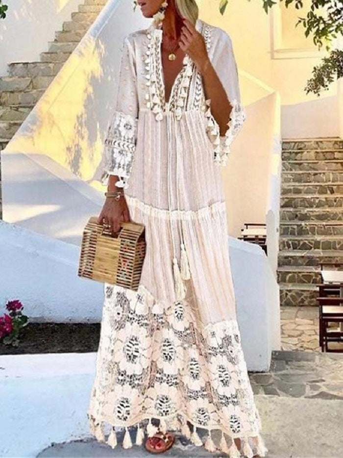 Robe longue en dentelle à franges
