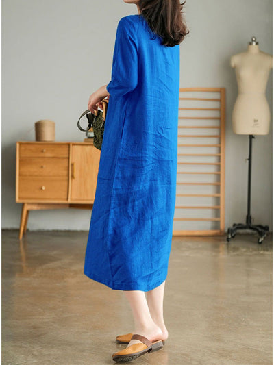 V Neck 1/2 Sleeve Gathered Loose Cotton Dress