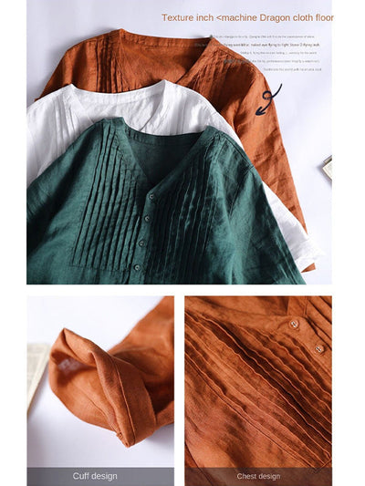 Robe ample froncée en coton à col en V et manches 1/2