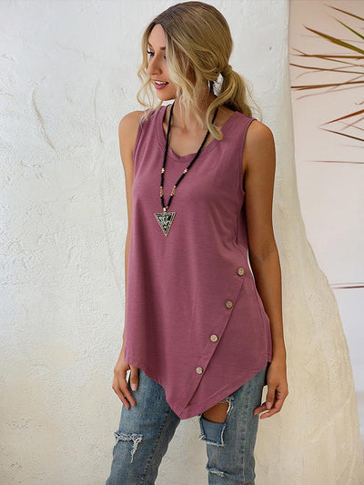 Buttoned Asymmetrical Hem Sleeveless V-neck Shirt