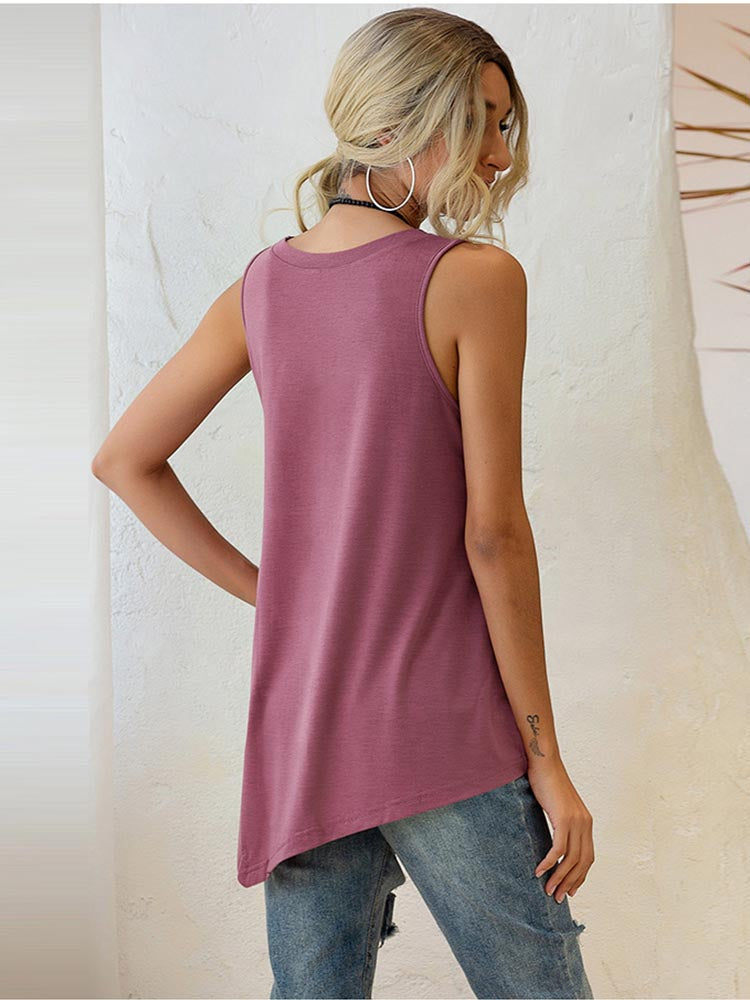 Buttoned Asymmetrical Hem Sleeveless V-neck Shirt