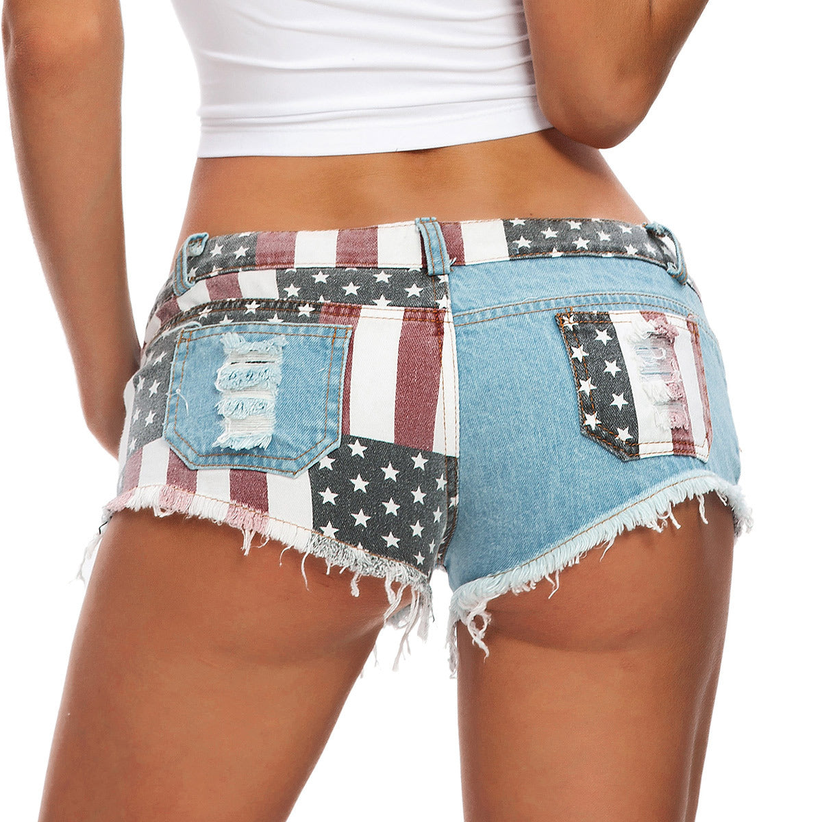 Mini shorts de mezclilla de tiro bajo con la bandera estadounidense