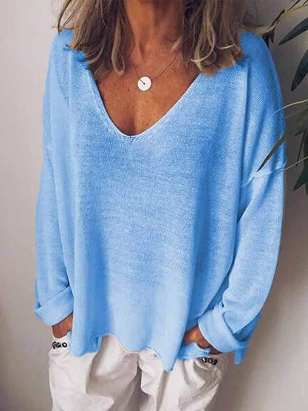 wiccous.com Plus Size Tops Blue / S Casual Solid Color Long-Sleeved T-Shirt