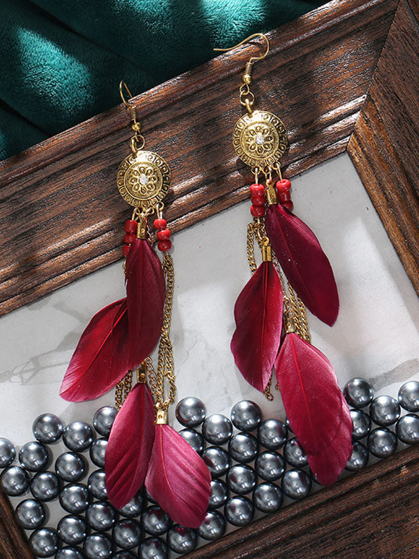 Pendientes de plumas con borlas de cadena de colores boho