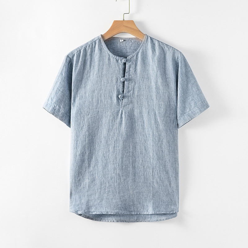 Men's 100% Linen Round Neck Short Sleeve Shirt