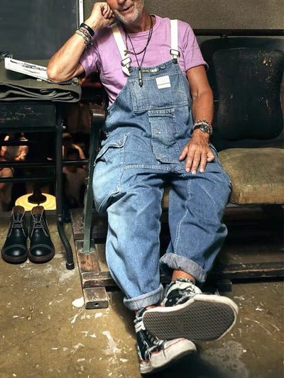 Distressed Denim Suspenders Multi-Pocket Overalls