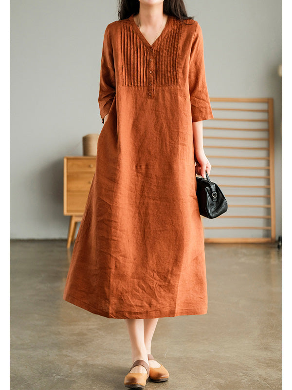 V Neck 1/2 Sleeve Gathered Loose Cotton Dress