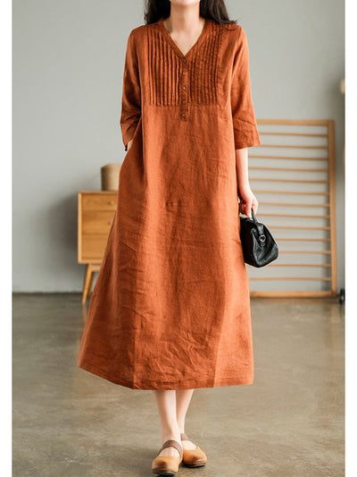 V Neck 1/2 Sleeve Gathered Loose Cotton Dress