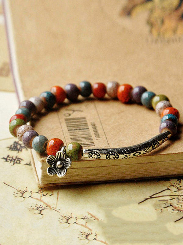 Ethnic Style Flower Glaze Bead Ceramic Bracelet