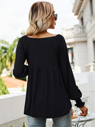 V-neck Lantern Long Sleeve Ruching Tunic Scoop Hem Top