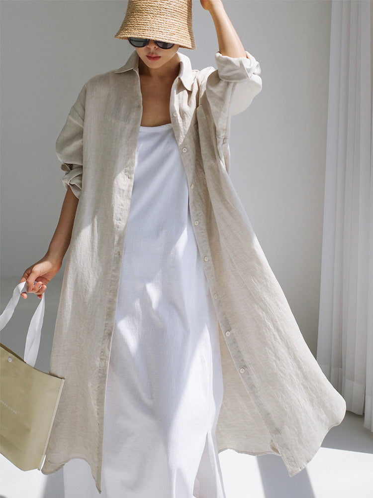 Cotton and Linen Shirt Dress with Side Slits