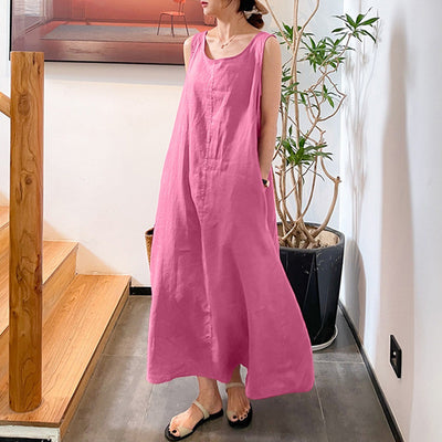 Robe longue sans manches à col rond en coton et lin