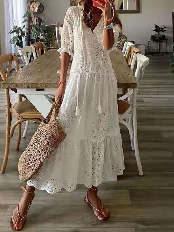 V-neck Lace White Maxi Dress
