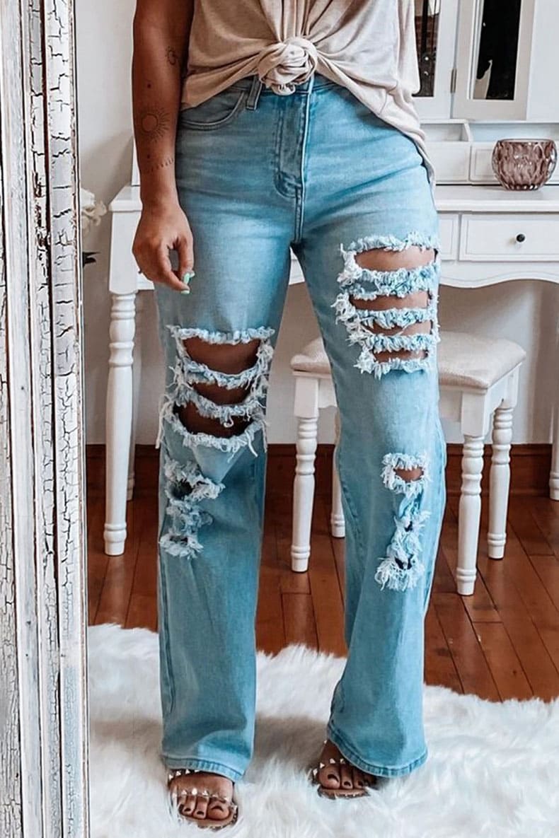 High Rise Ripped Straight Jeans