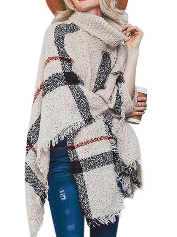 Poncho châle en tricot à col roulé et pompons à carreaux