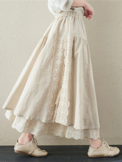 Falda de lino de dos capas con bordado de encaje