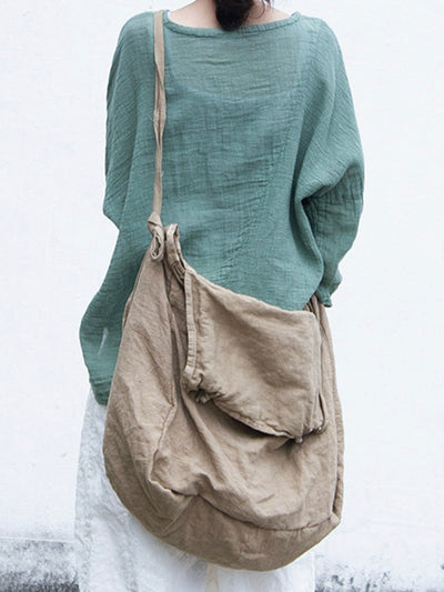 Cotton and Linen Shoulder Bag with Flap