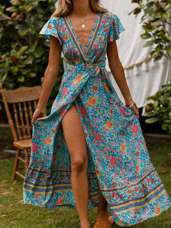 Robe longue portefeuille à fleurs style bohème