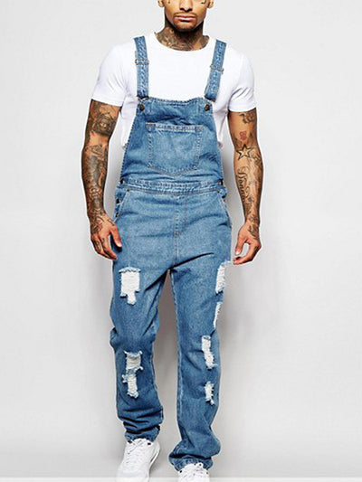 Ripped Distressed Washed Denim Overalls