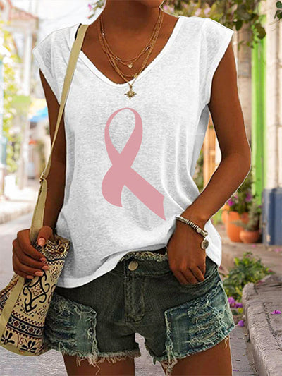 Pink Ribbon Print Cap Sleeve T-Shirt