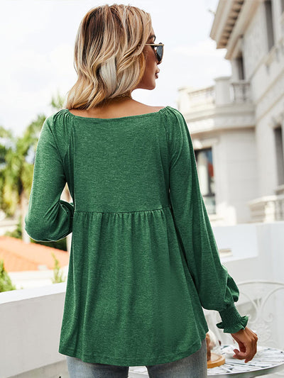 V-neck Lantern Long Sleeve Ruching Tunic Scoop Hem Top