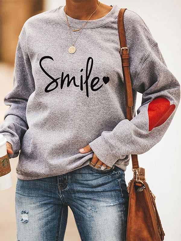 Smile Print Crew Neck Casual Sweatshirt