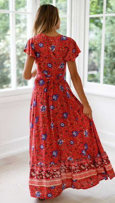 Robe longue portefeuille à fleurs style bohème