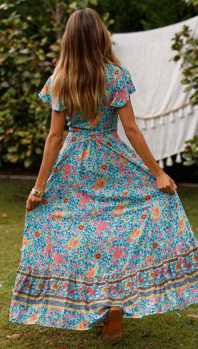 Robe longue portefeuille à fleurs style bohème
