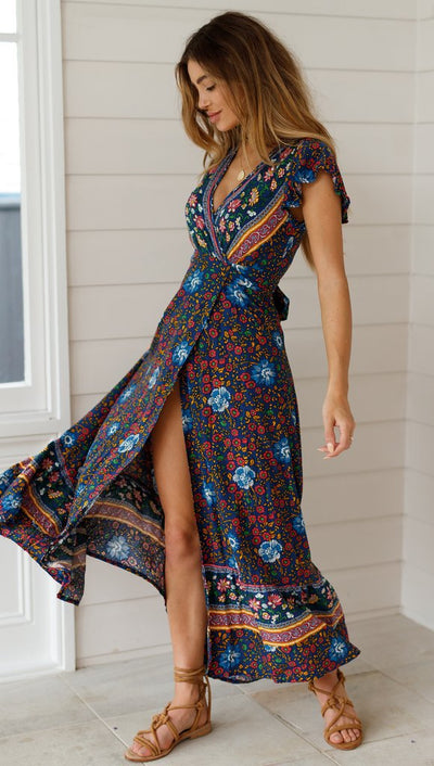 Robe longue portefeuille à fleurs style bohème