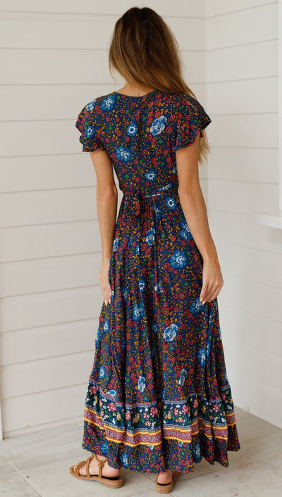 Robe longue portefeuille à fleurs style bohème