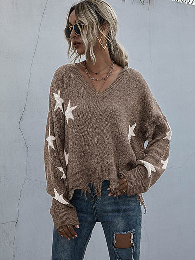 Star V-neck Fringe Knitted Sweater