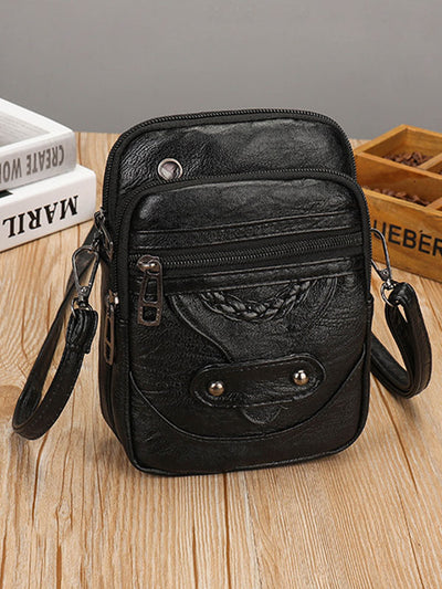 Vintage-Inspired Studded Washed Leather Crossbody Bag