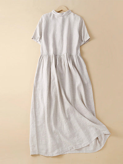 Lapels Cotton and Linen Midi Dress