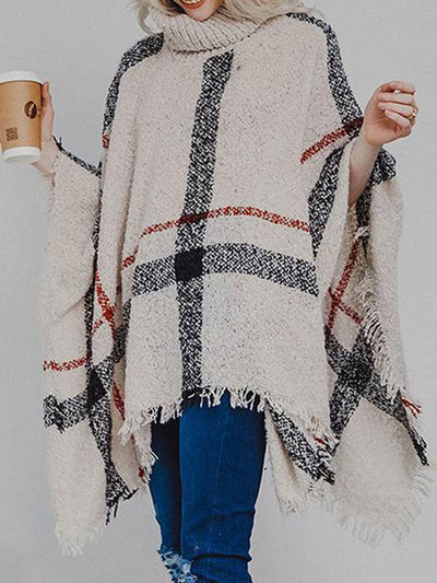 Poncho châle en tricot à col roulé et pompons à carreaux