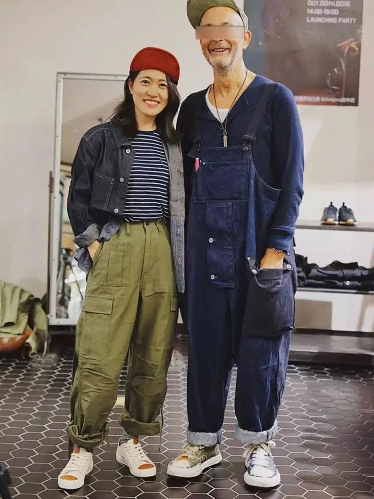 Baggy Denim Overalls with Color Matching Pocket
