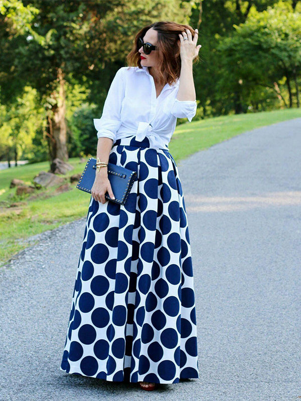 Elegant French Style Retro High Waist Polka Dot Maxi Skirt