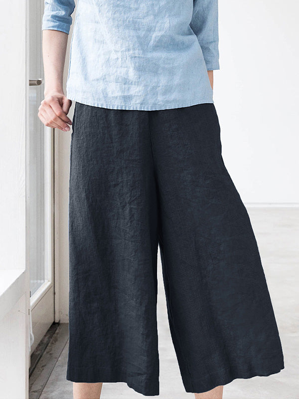 Pantalon décontracté en lin à taille élastique et jambe large 