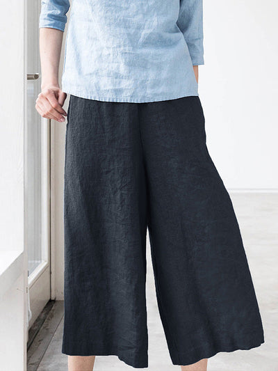 Pantalon décontracté en lin à taille élastique et jambe large 
