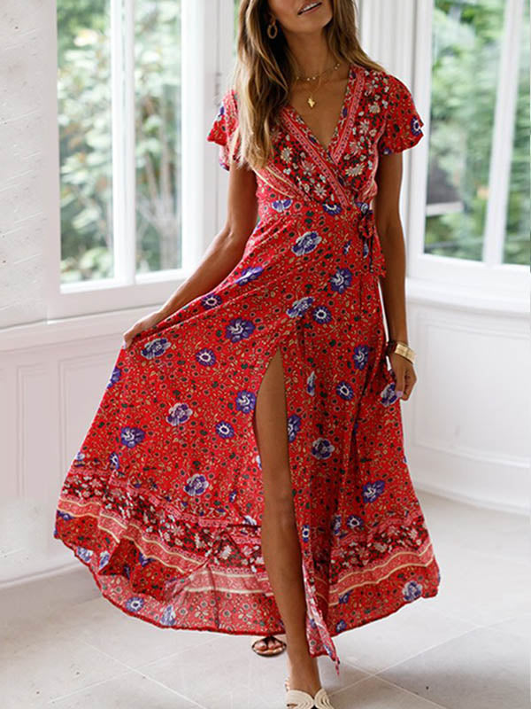 Robe longue portefeuille à fleurs style bohème